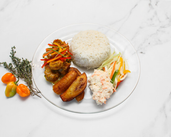 Curry prawns with rice and plantain